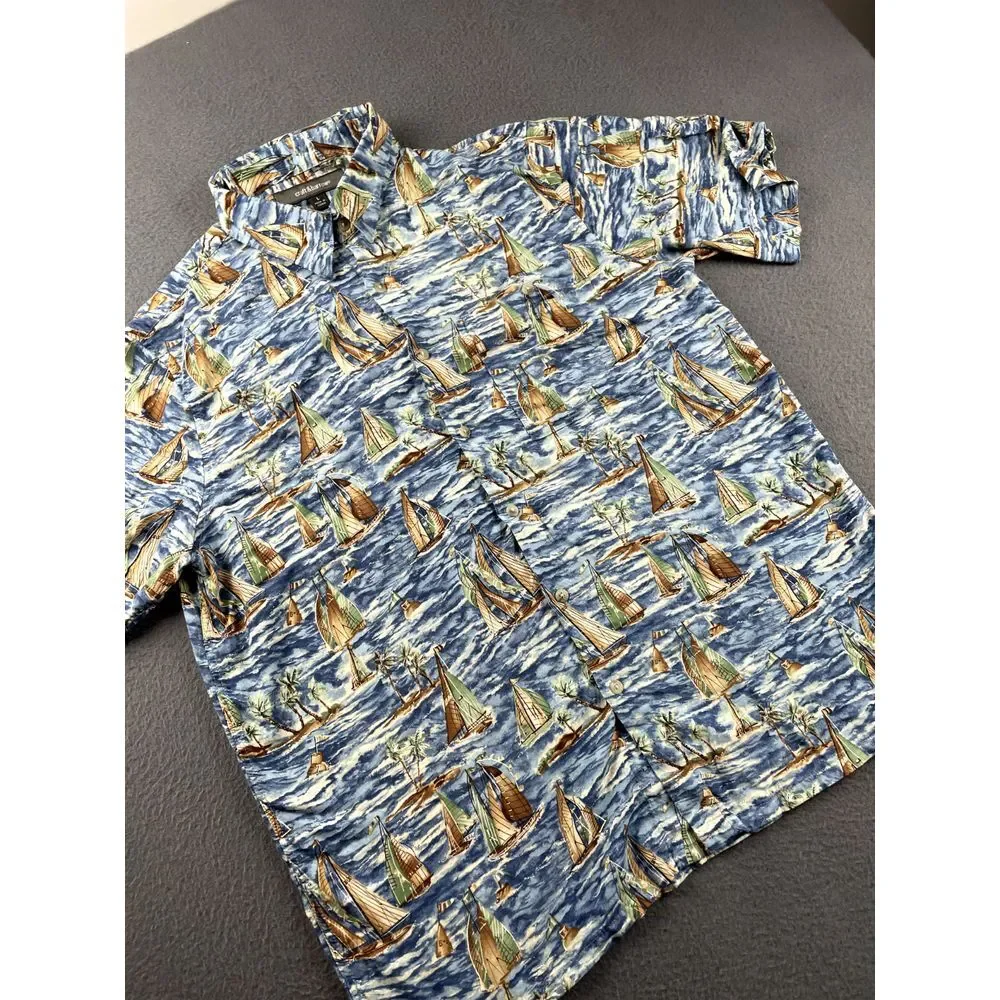 Croft & Barrow Hawaiian Shirt Men's L Nautical Sailboat Watercolors Sailing Blue